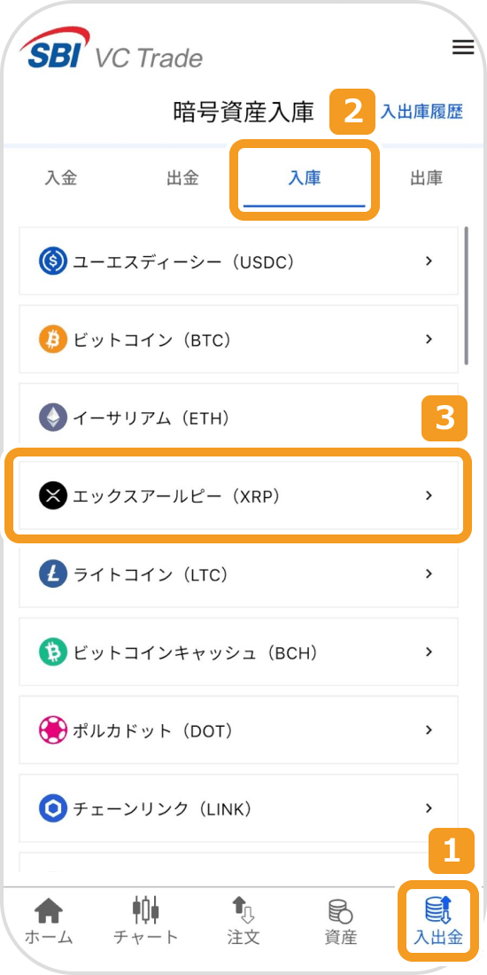 SBI VCトレードの入庫通貨選択画面